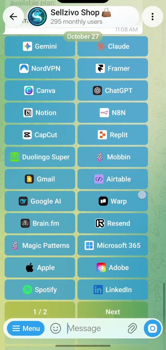Bot catalog screen with a two-column grid of product buttons