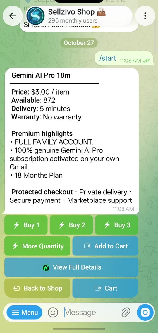Bot product page for Gemini AI Pro 18 months with price, stock, delivery time and buy buttons